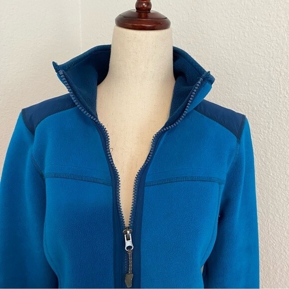 GREEN TEA Blue Fleece Navy Stripe Detail Two Zip Pockets Full Zip Front Size S - Picture 2 of 13